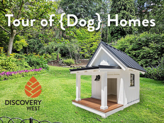 tour of dog homes graphic with custom home in a yard.